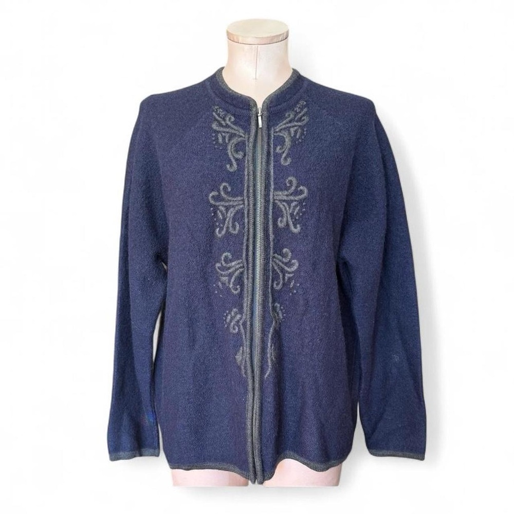Karen Scott Navy Blue Wool Embroidered Zip Sweater
